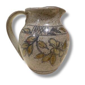 Studio Pottery VTG Mini Ceramic Pitcher Floral Tan Blue Accents 5’ Artist Signed